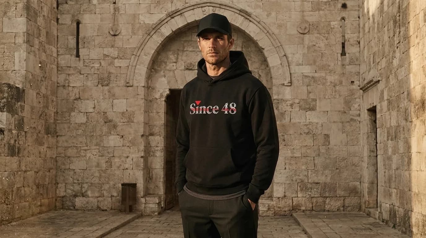 SINCE '48 — model in a black tee with a crimson logo, standing before an ancient stone archway